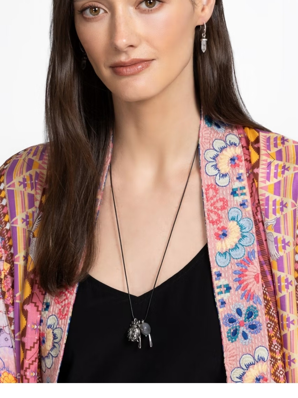 Johnny Was Black Cord Necklace with Silver Charms